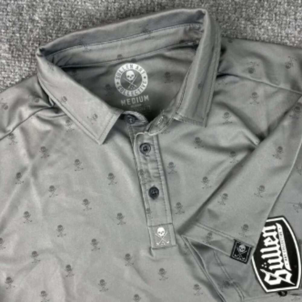 Sullen Art Collective Golf Badge Polo Shirt Medium Skull Print Short Sleeve Mens